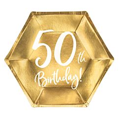 Kultaiset pahvilautaset, 50th Birthday, 17cm, 6kpl. 50-v juhlat