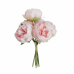 Nippu vaaleanpunaisia keinotekoisia pioneja. Kimpussa 6 kpl kukkaa.