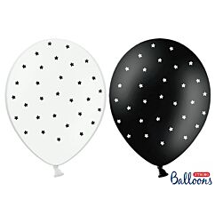 Mustat (3 kpl) ja valkoiset (3 kpl) ilmapallot tähdillä - 30cm, 6kpl