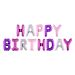 Violetinsävyinen "Happy Birthday"-muotoinen foliopallo.