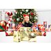 Kiiltävät kullanväriset lahjapussit, mukana Merry Christmas-tarrat.