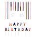 Kakkukynttilät Happy Birthday- kirjaimilla sekä 6 pitkää ja 6 lyhyttä kakkukynttilää.